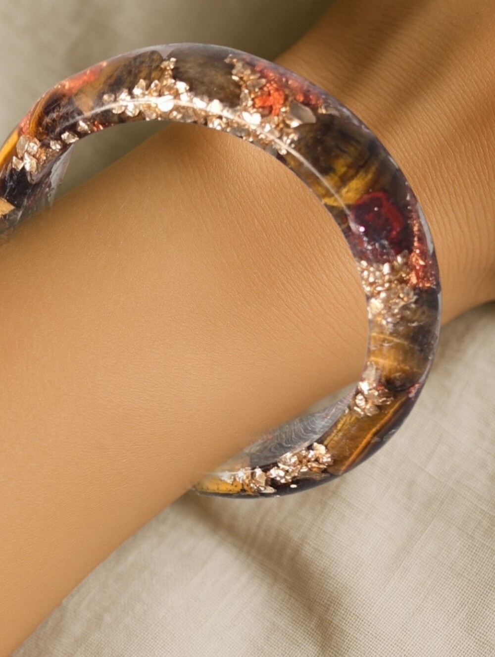 Handcrafted Tigers Eye & Gold Resin Bangle Bracelet